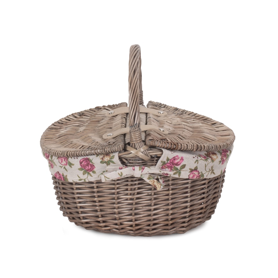 image 1 of Small Antique Wash Double Lidded Oval Picnic Basket Garden Rose Lining | Multi | Garden Rose | Not provided