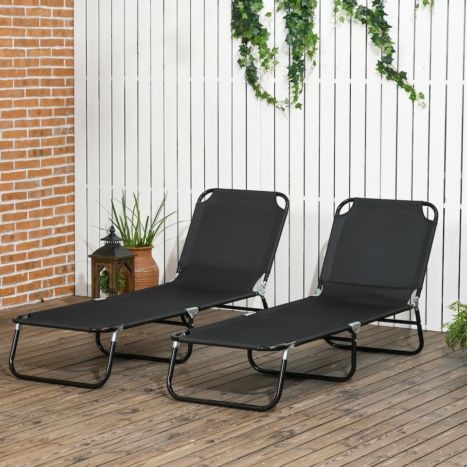 image 1 of Outsunny Folding Sun Loungers Set of 2 with Adjustable Backrest, Black