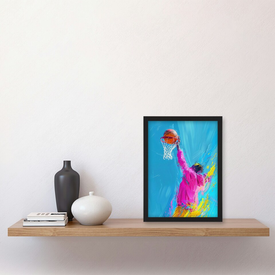 image 1 of Abstract Slam Dunk Shot Basketball Player Black Framed Wall Art Print A4