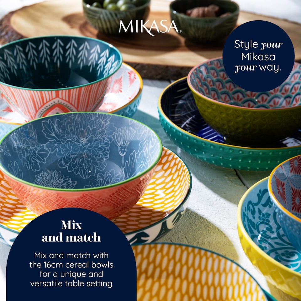 image 1 of Mikasa Set of 4 Green and Blue Geometric 2 Toned Stoneware Pasta Bowls