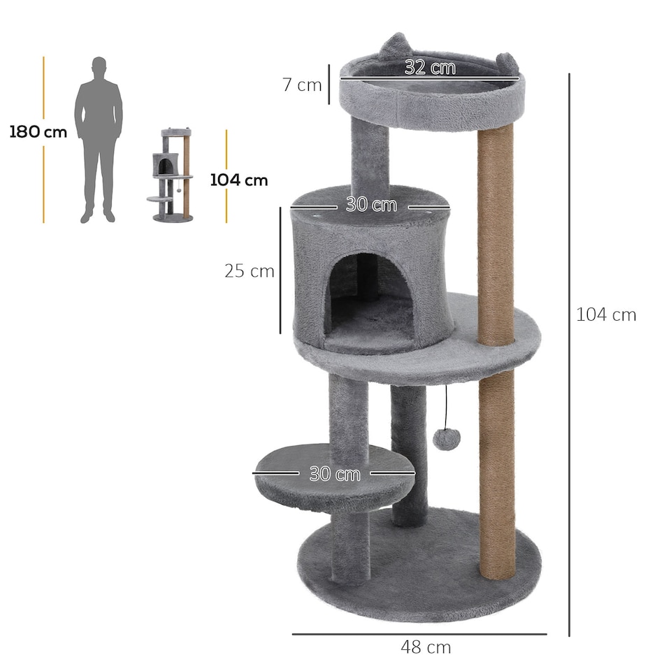 image 1 of PawHut 104cm Cat Tree Condo Tower with Scratching Post Perch Ball