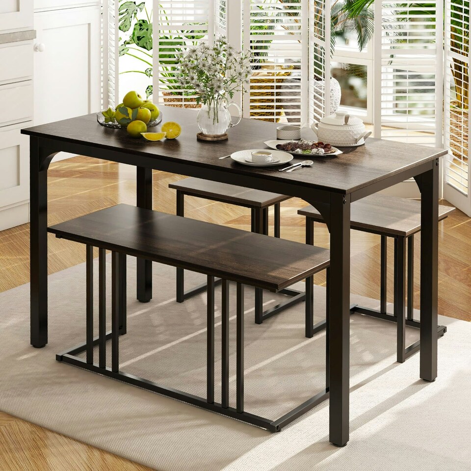 image 1 of COSTWAY 4-Piece Dining Table Set W/ Bench & 2 Stools Grey