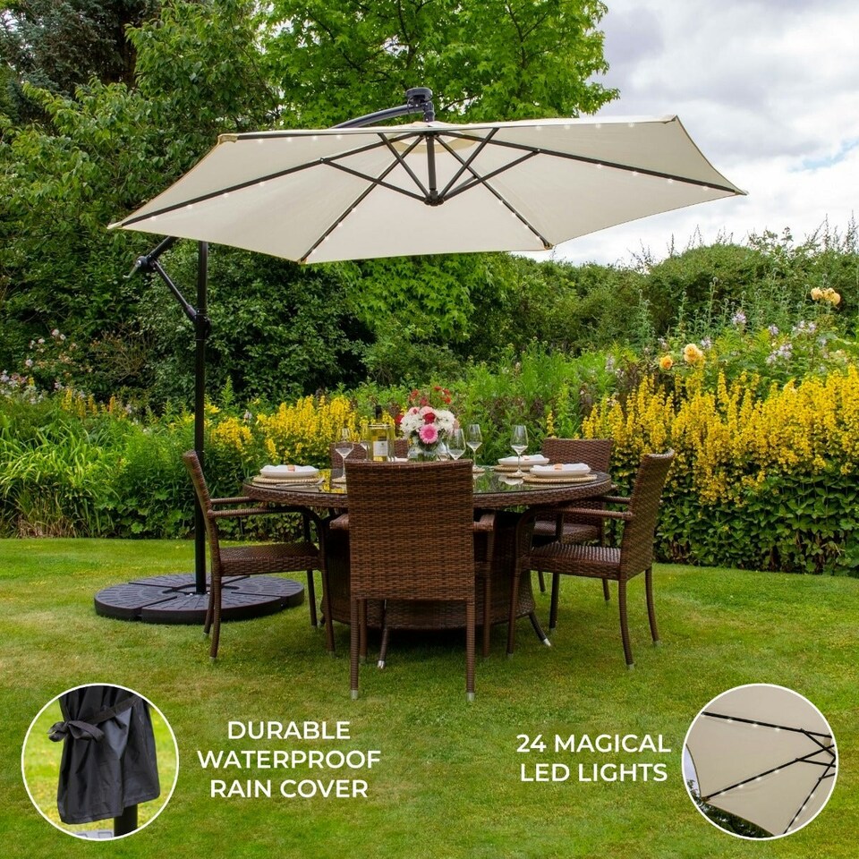 image 1 of Cream 3m LED Cantilever Parasol With Fan Base