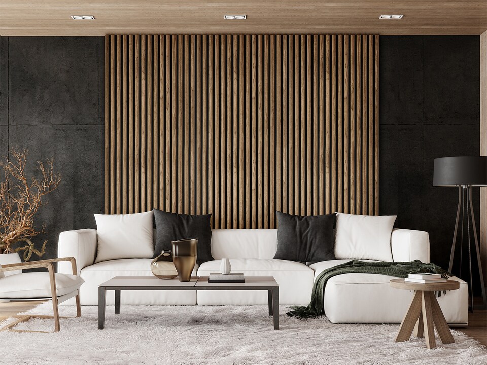image 1 of Fuse Acoustic Wooden Reeded Wall Panel in Walnut Effect, 2.4m x 0.6m