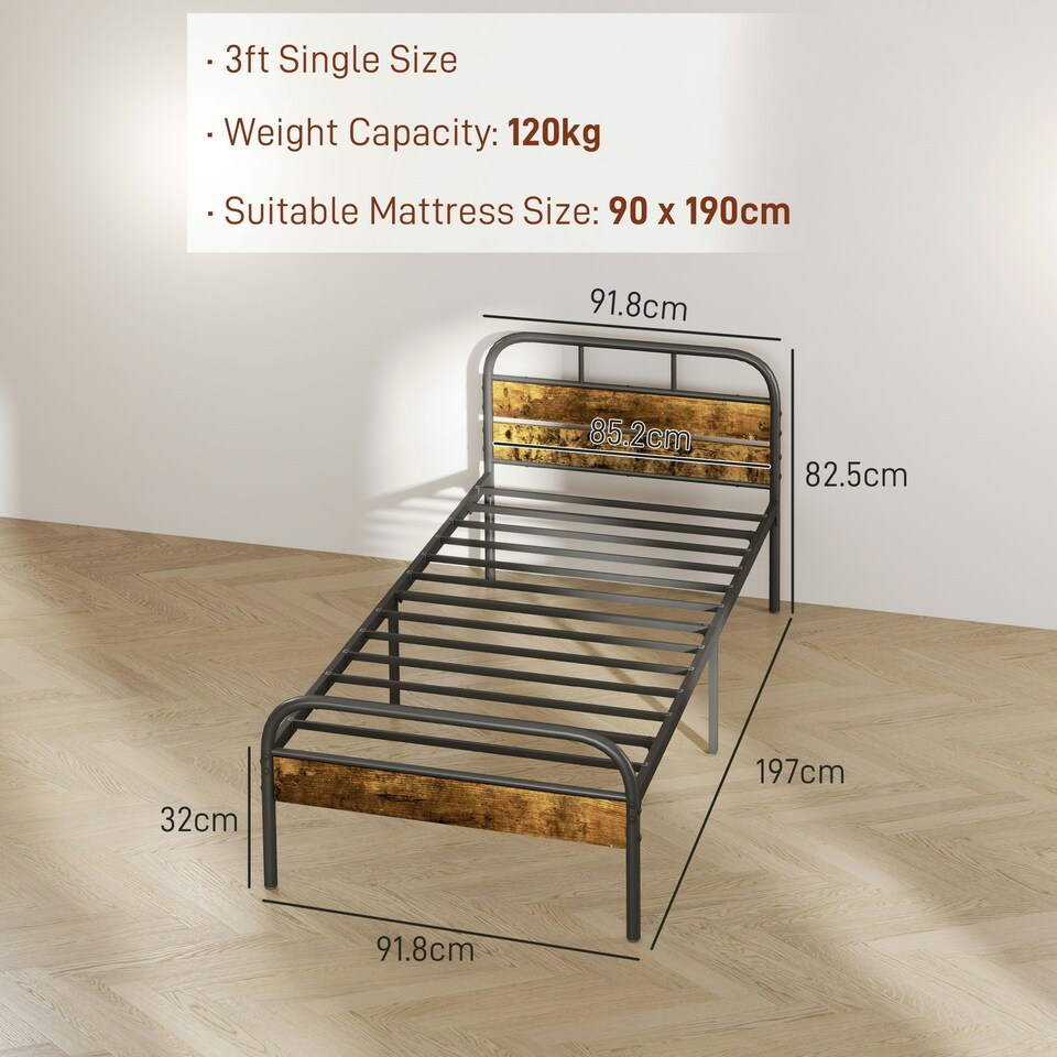 image 1 of HOMCOM Single Bed Frame with Headboard, No Box Spring Needed, Rustic Brown