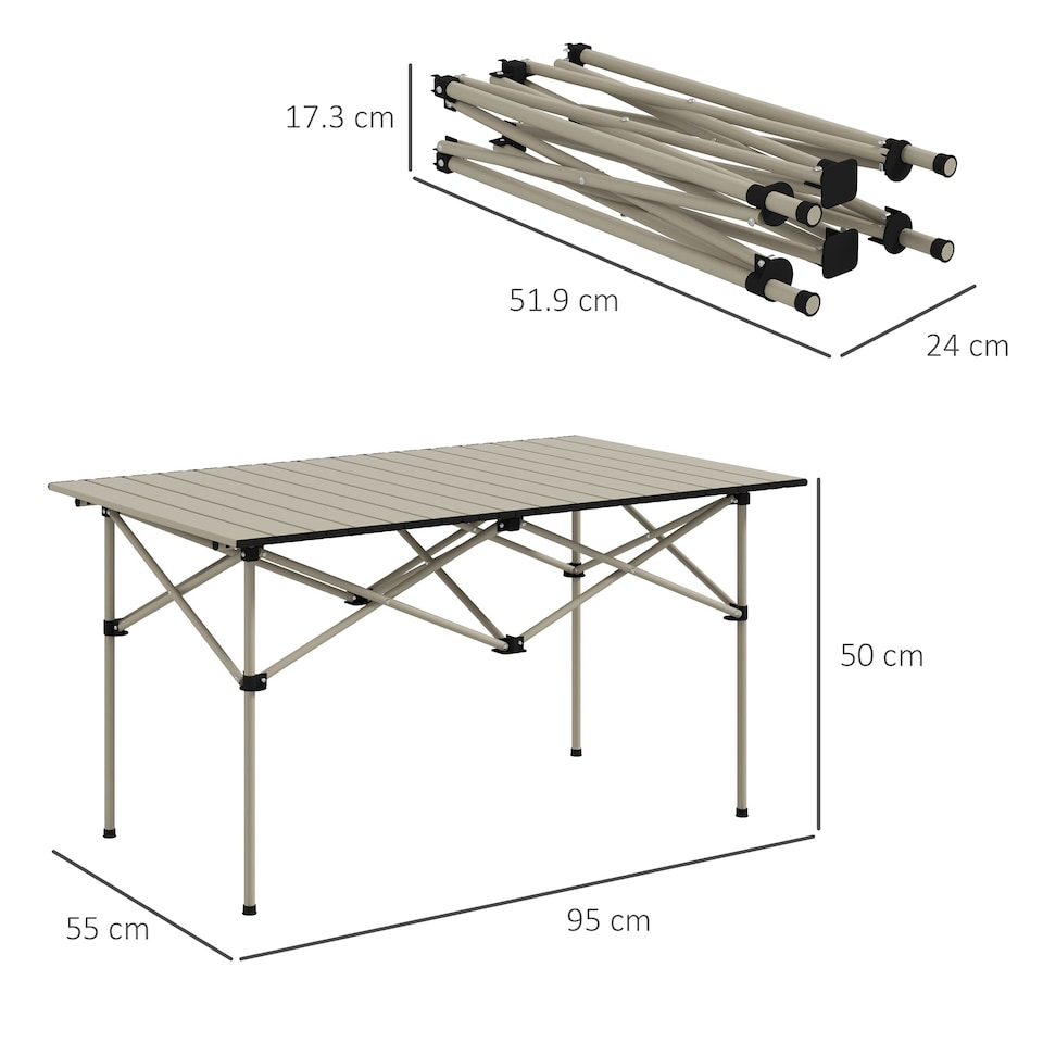 image 1 of Outsunny Portable Camping Table, 3ft Lightweight Folding Aluminium Picnic Table with Roll Up Top, Carry Bag for Outdoor Camping, Picnic, Hiking, Cooking, BBQ, Fishing, Khaki