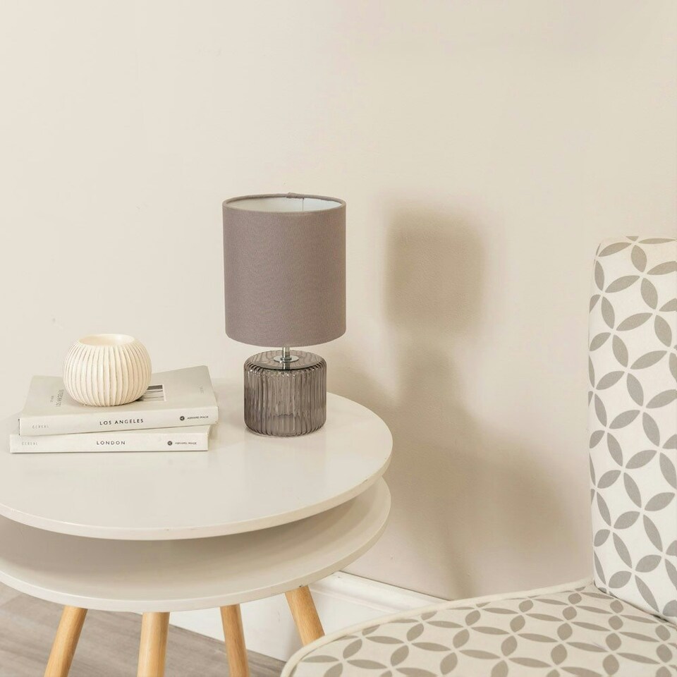 image 1 of ValueLights Betty Pair of Grey Smoke Tinted Glass Table Lamps with Grey Lamp Shades