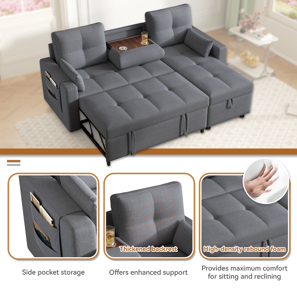 image 1 of FENCHILIN Sofa Bed with Pull-Out Sleeper Reversible Chaise Drop-Down Cup Holder Side Pockets Grey