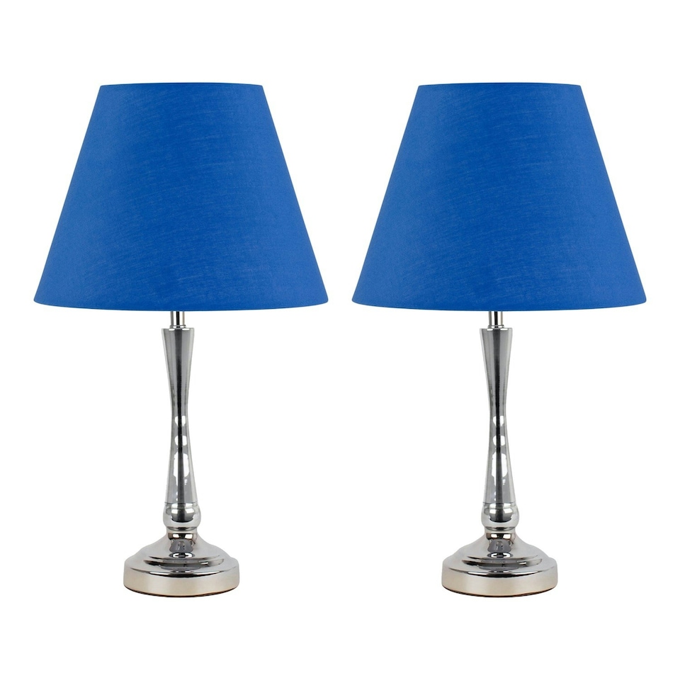 image 1 of Set of 2 Chrome Table Lamps with Stem Detail and Royal Blue Shades Chrome | Blue