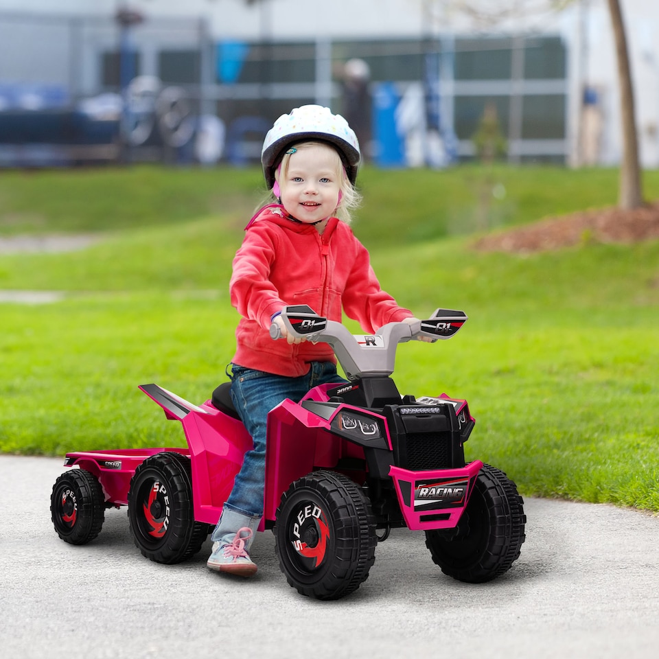 image 1 of HOMCOM Electric Quad Bike, 6V Kids Ride On All-Terrain with Back Trailer for Ages 18-36 Months - Pink