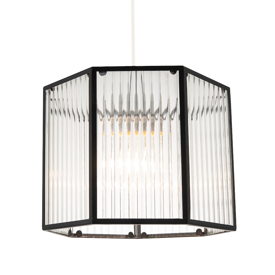 image 1 of Vintage Industrial Lantern Pendant Shade in Black with Ribbed Glass | Black
