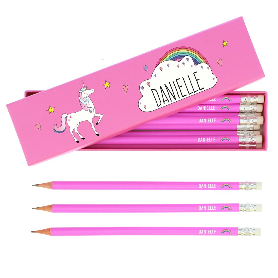 image 1 of Personalised Unicorn Box of 12 Pink HB Pencils