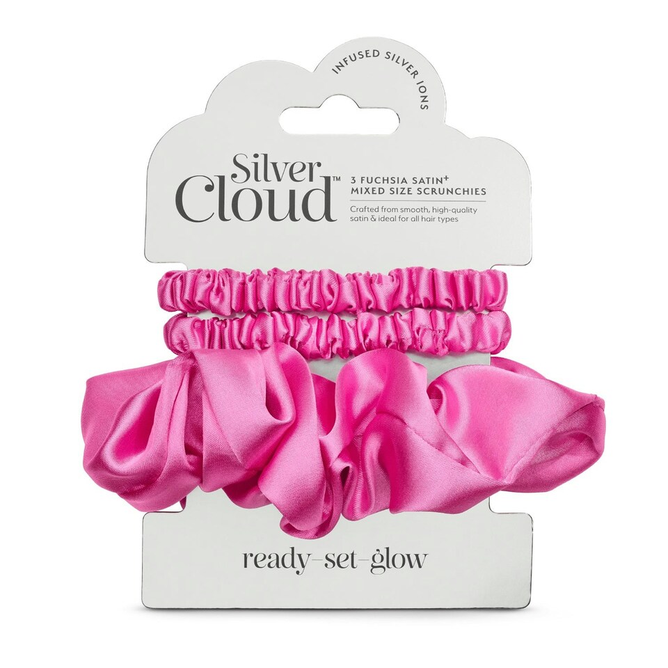 image 1 of Silver Cloud Satin Scrunchie Trio Combo Fuchsia 3 Pack