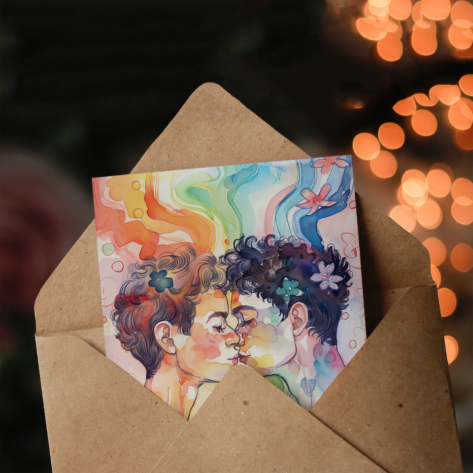 image 1 of Rainbow Love Pride Gay Couple Kiss Watercolour Birthday Card