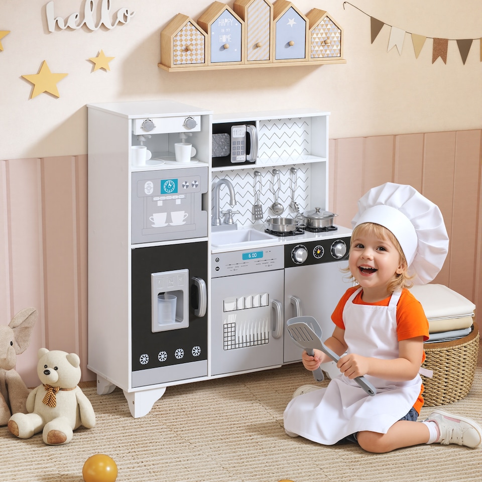 image 1 of AIYAPLAY Kids Play Kitchen, Large Pretend Play Toy Kitchen with Stove Sounds, Microwave, Ice Maker, Coffee Maker, Sink, Stainless Steel Utensils, Cooking Role Play Set for Boys and Girls 3-6 Years