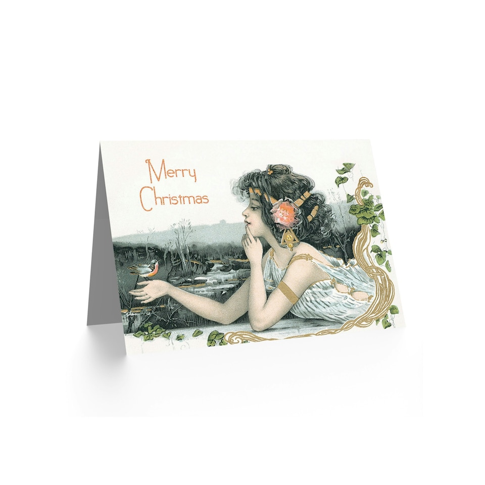 image 1 of Xmas Nouveau Girl Bird Christmas Card