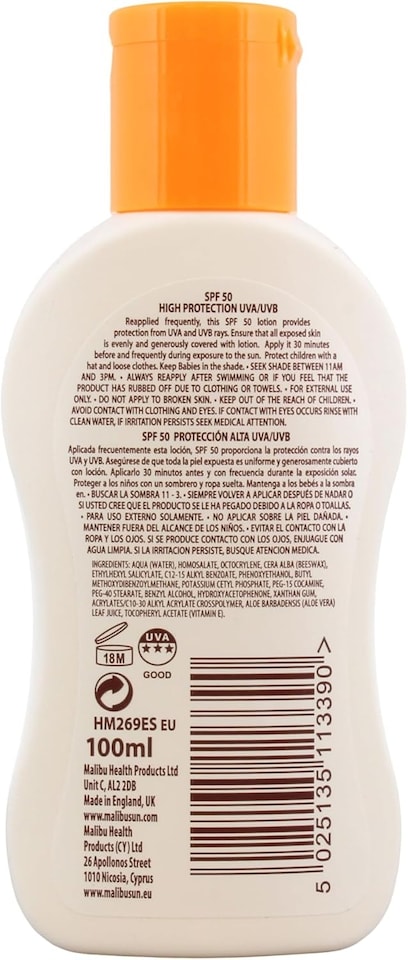 image 1 of Malibu Sun Lotion SPF50 200ml Pack of 2