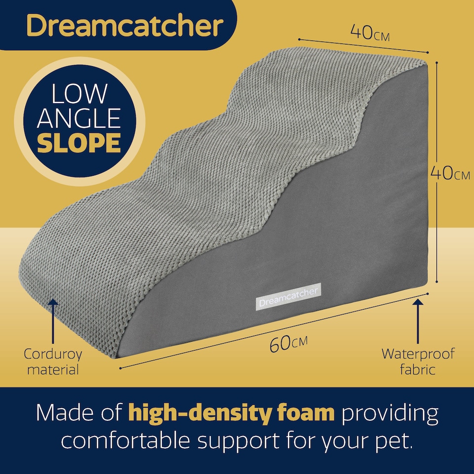 image 1 of Dreamcatcher 3 Step Dog Stairs for Bed 60x40x40cm, High Density Foam Ramp | Grey | Grey | 3 Step Dog Stairs | 1