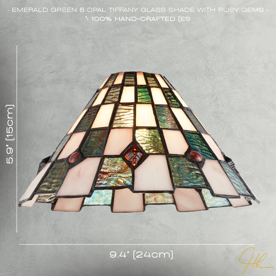 image 1 of Emerald Green and Opal White Tiffany Pendant Shade with Ruby Red Beads | Green