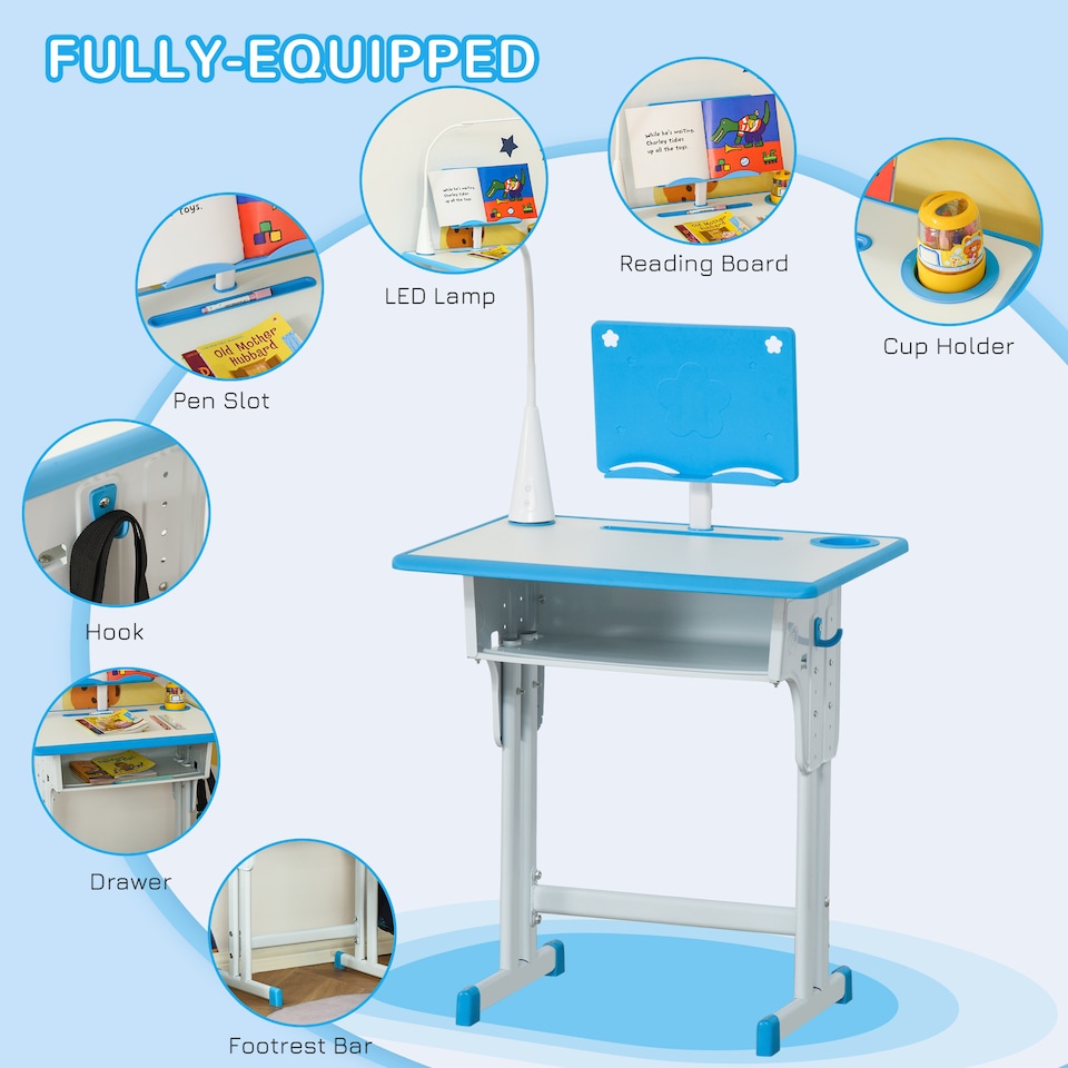 image 1 of HOMCOM Kids Desk and Chair Set with Drawer, Book Stand, Pen Slot