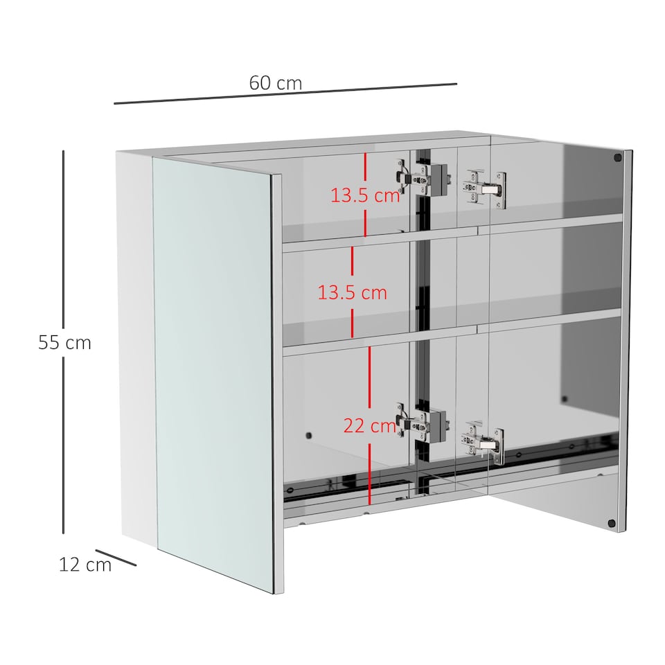 image 1 of HOMCOM Bathroom Mirror Cabinet, Stainless Steel Wall Mounted  Bathroom Storage Cabinet with Double Doors, 60x55cm