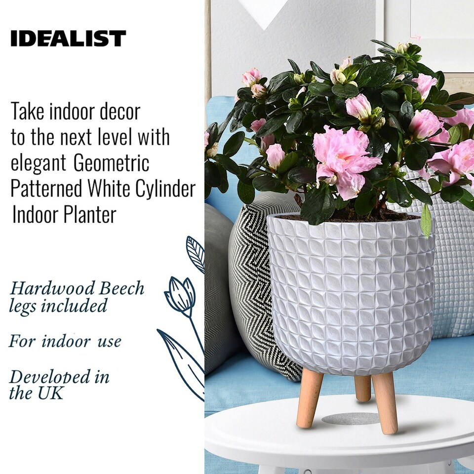 image 1 of Geometric Patterned White Cylinder Planter on Legs, Round Pot Plant Indoor D21 H34 cm, 9.1 ltrs Cap.