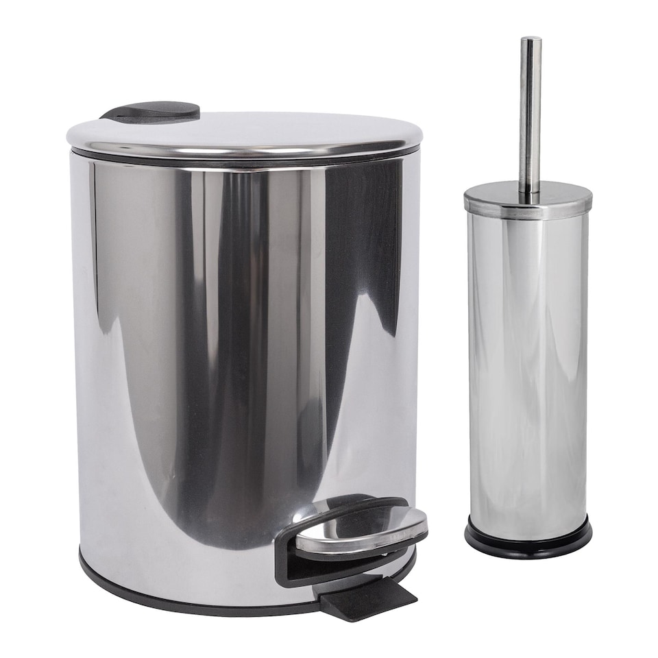 image 1 of Harbour Housewares 2pc Round Stainless Steel Pedal Bin & Toilet Brush Set - 5L - Chrome