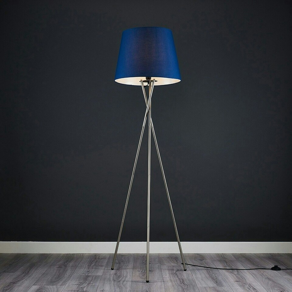 image 1 of ValueLights Camden Brushed Chrome Tripod Floor Lamp Navy Taper Shade & Bulb Blue