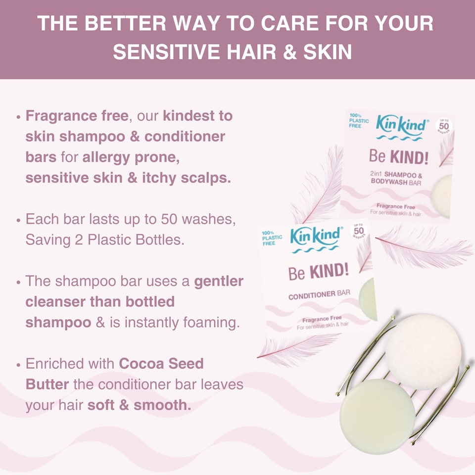 image 1 of KinKind Be KIND! Fragrance Free Natural Shampoo and Conditioner Set for Dry Scalp. Unscented Solid Shampoo bar and Hair Conditioner bar ideal for Eczema, Sensitive skin, Psoriasis & Folliculitis.