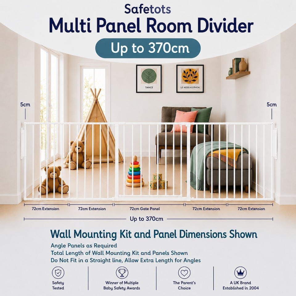 image 1 of Safetots Premium Multi Panel Room Divider, up to 370cm Wide, White, 70cm Tall, Flexible Barrier with Door for Baby and Toddler