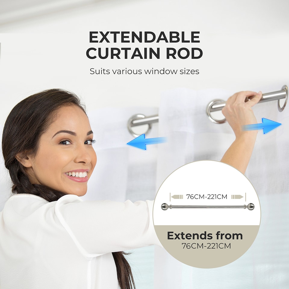 image 1 of Marlow Satin Nickel Steel Curtain Rod Set Extendable Adjustable Quiet | Silver | Silver