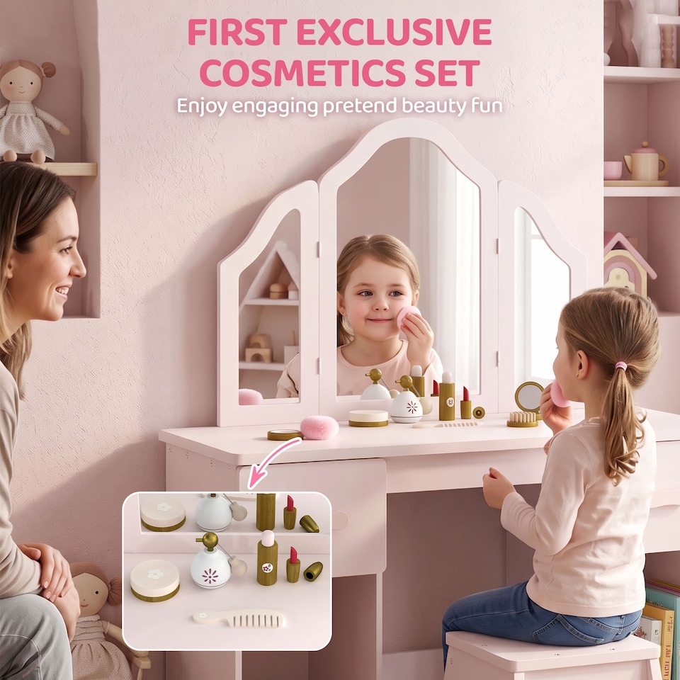 image 1 of AIYAPLAY Kids Vanity Table and Chair Set with Tri-Folding Mirror for 3+