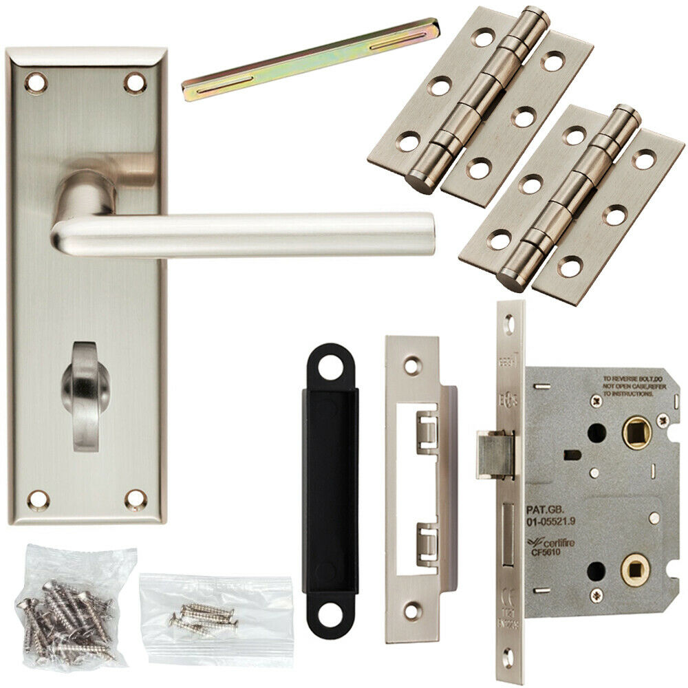 Loops Door Handle & Bathroom Lock Pack Satin Nickel Rounded Low Profile Backplate in Metallics