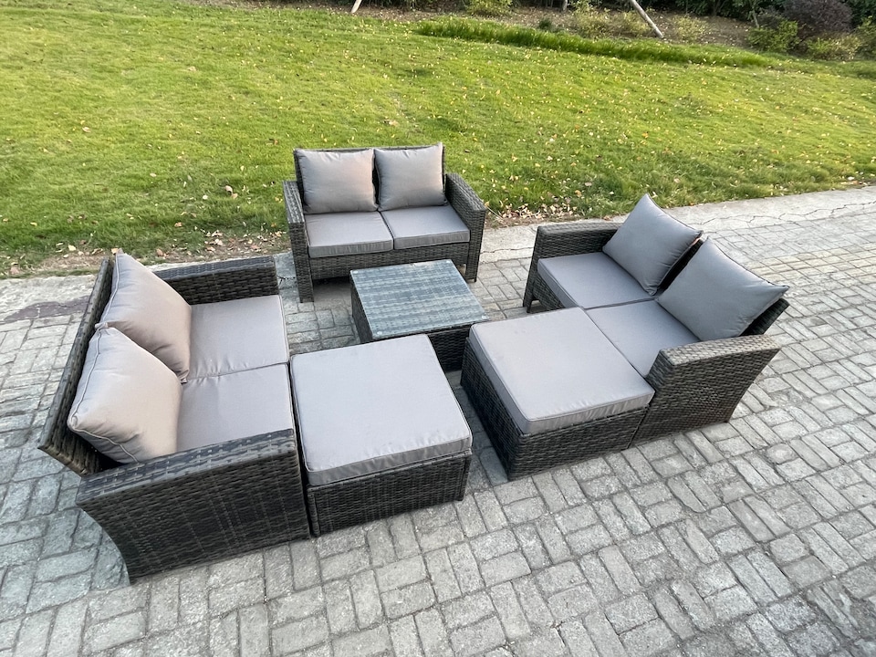 image 1 of Fimous 8 Seater Outdoor Rattan Garden Furniture Set Conservatory Patio Sofa Coffee Table Set with 2 Big Footstool Dark Grey Mixed