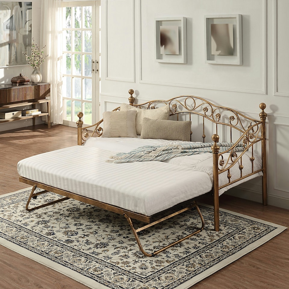 image 1 of Essendon Vintage Living Room Bedroom Brass Metal Day Bed w Trundle (Single)