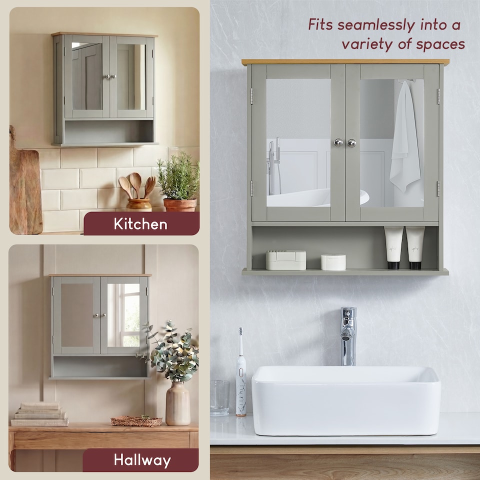 image 1 of Bath Vida Priano 2 Door Mirrored Wall Mounted Bathroom Cabinet With Shelf, Grey & Oak | Grey | Grey & Oak | 1