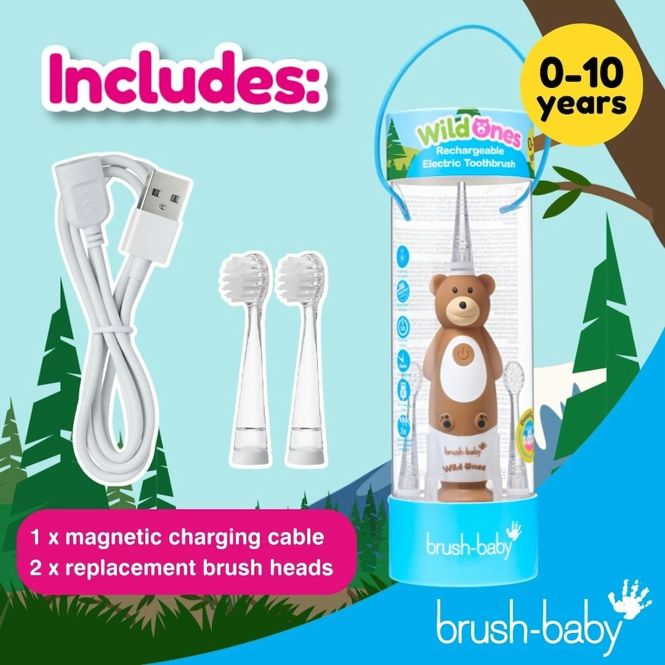 image 1 of Brush Baby WildOnes™ Bear Kids Electric Rechargeable Toothbrush & Applemint Toothpaste