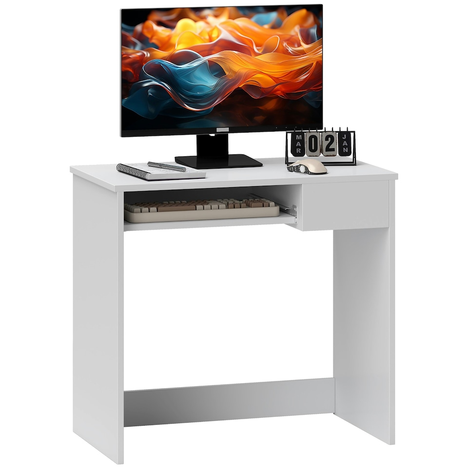 image 1 of HOMCOM 80cm Compact Computer Desk with Keyboard Tray, Home Office Desk with Drawer for Bedroom Study, White