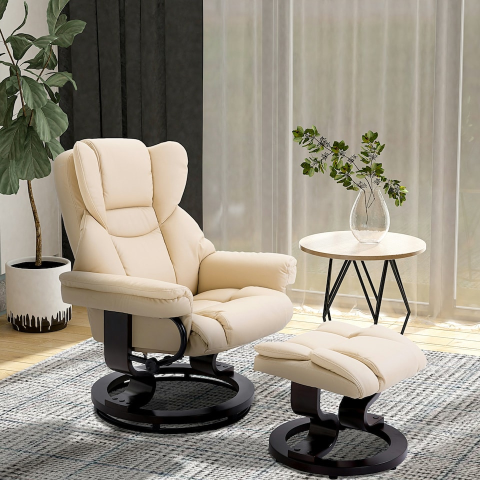 image 1 of HOMCOM PU Leather Manual Reclining Armchair Footstool Padded Seat Cream