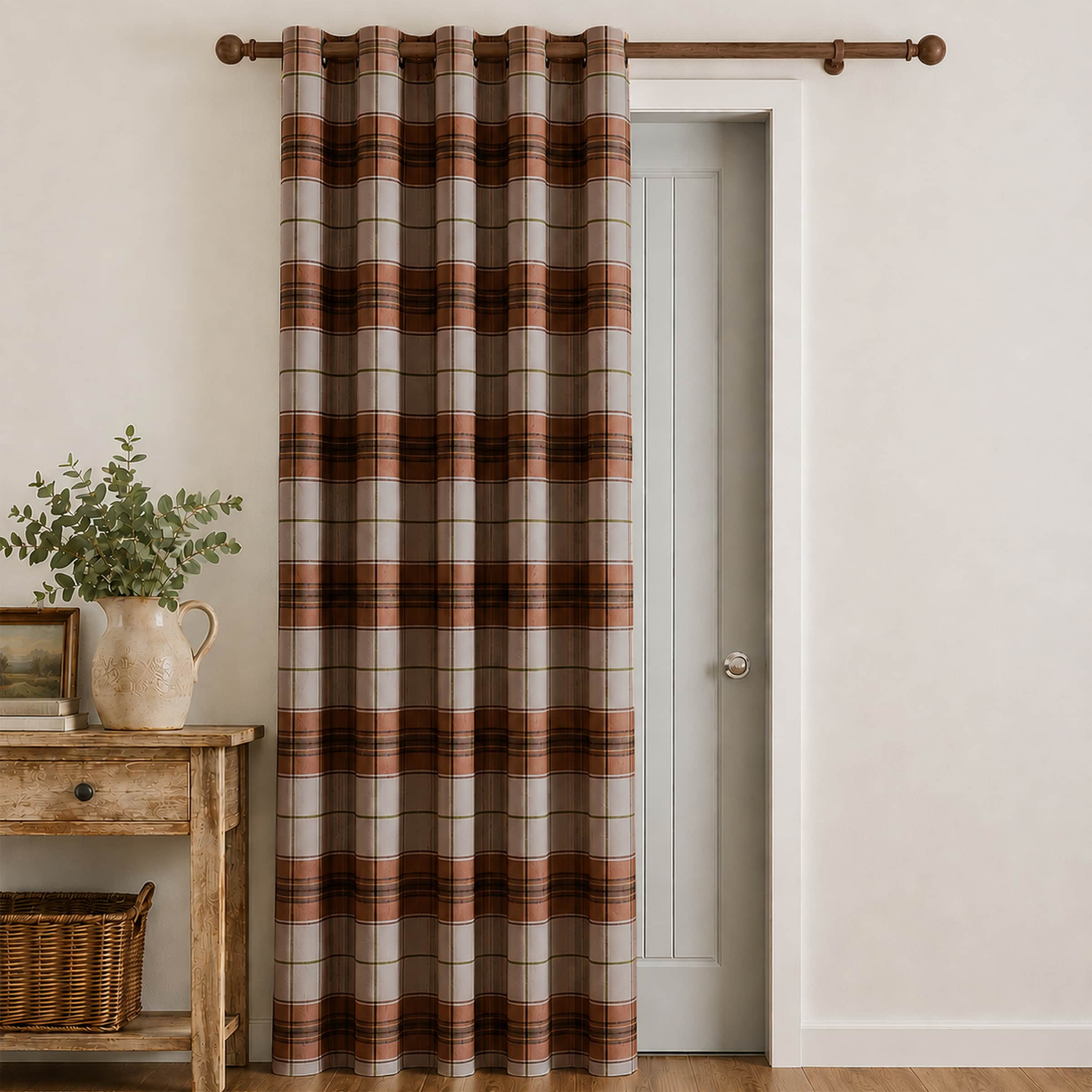 Catherine Lansfield 'Brushed Woven Glencoe Check' Thermal Eyelet Door Panel in Terracotta | Size: 117 cm width x 214 cm drop