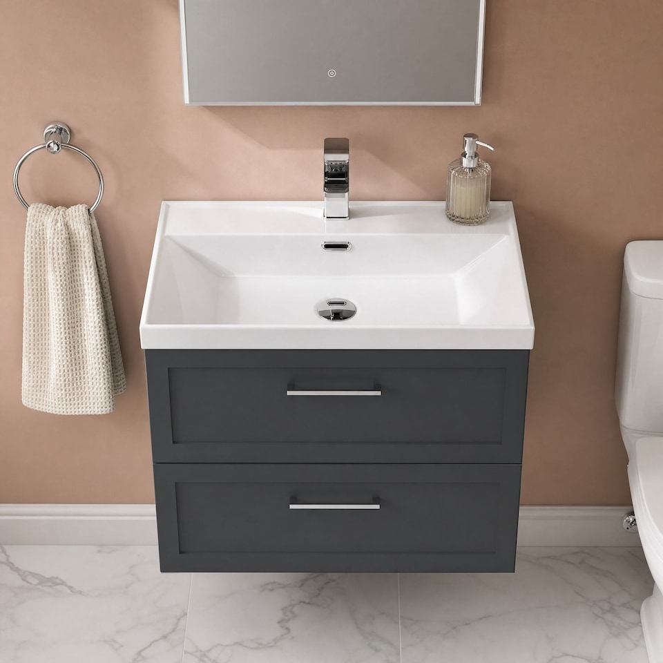 image 1 of Stonnall Traditional Wall Hung 2 Drawers Vanity Unit with Thin-Edge Ceramic Basin, 800mm, Dark Grey