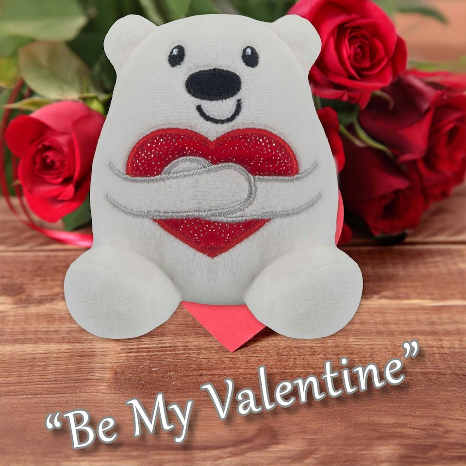 image 1 of Valentines Love Bear Soft Toy Hugging Shiny Heart Cute Plush Cuddly 10cm White