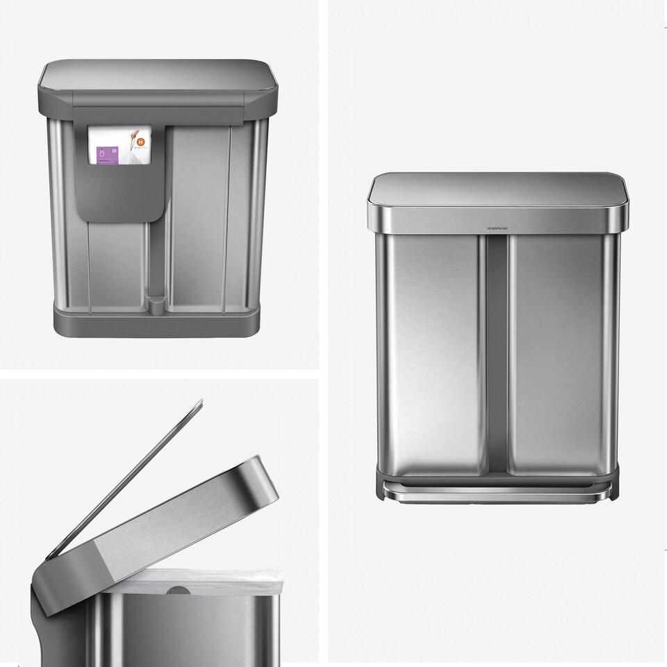 image 1 of Simplehuman 58L Recycling Rectangular Pedal Bin with Liner Pocket, Brushed Stainless Steel