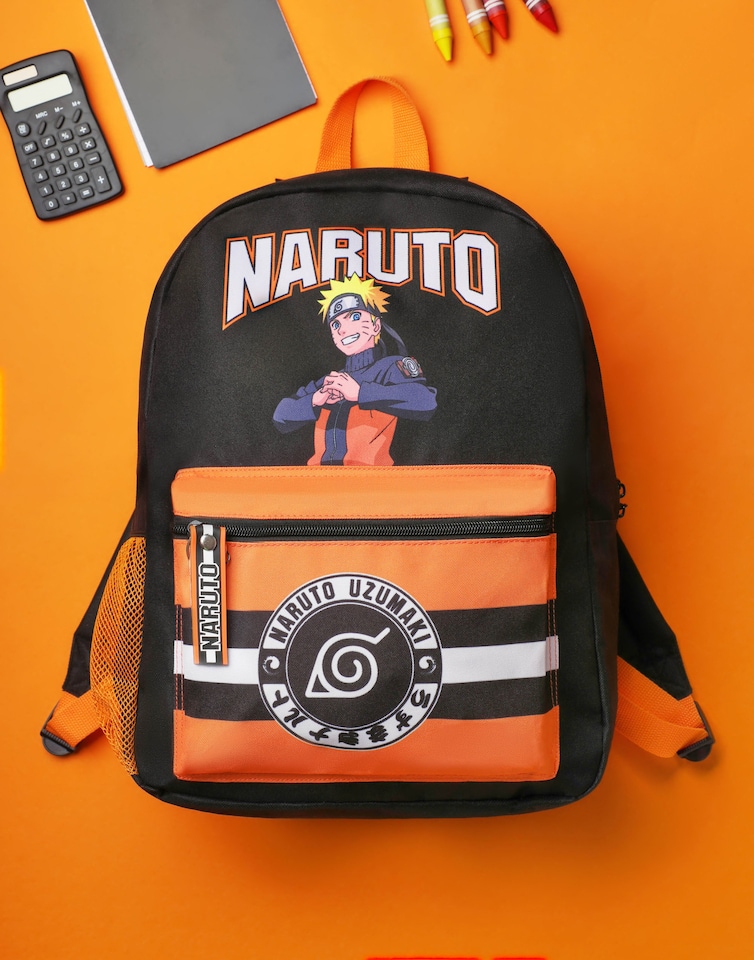 image 1 of Naruto Shippuden Boys Backpack | Black & Orange Rucksack with Adjustable Straps | Uzumaki Hokage Practical & Organised Luggage Sports School Bag For Kids | Anime Series Merchandise Gift | Black | Black