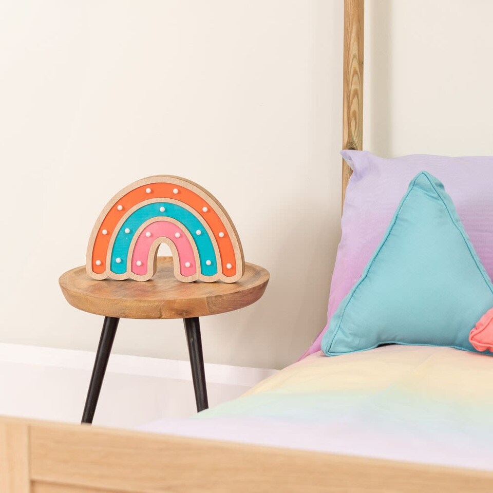image 1 of ValueLights Kids Battery Powered Wooden Rainbow Wall Table Lamp | Multi
