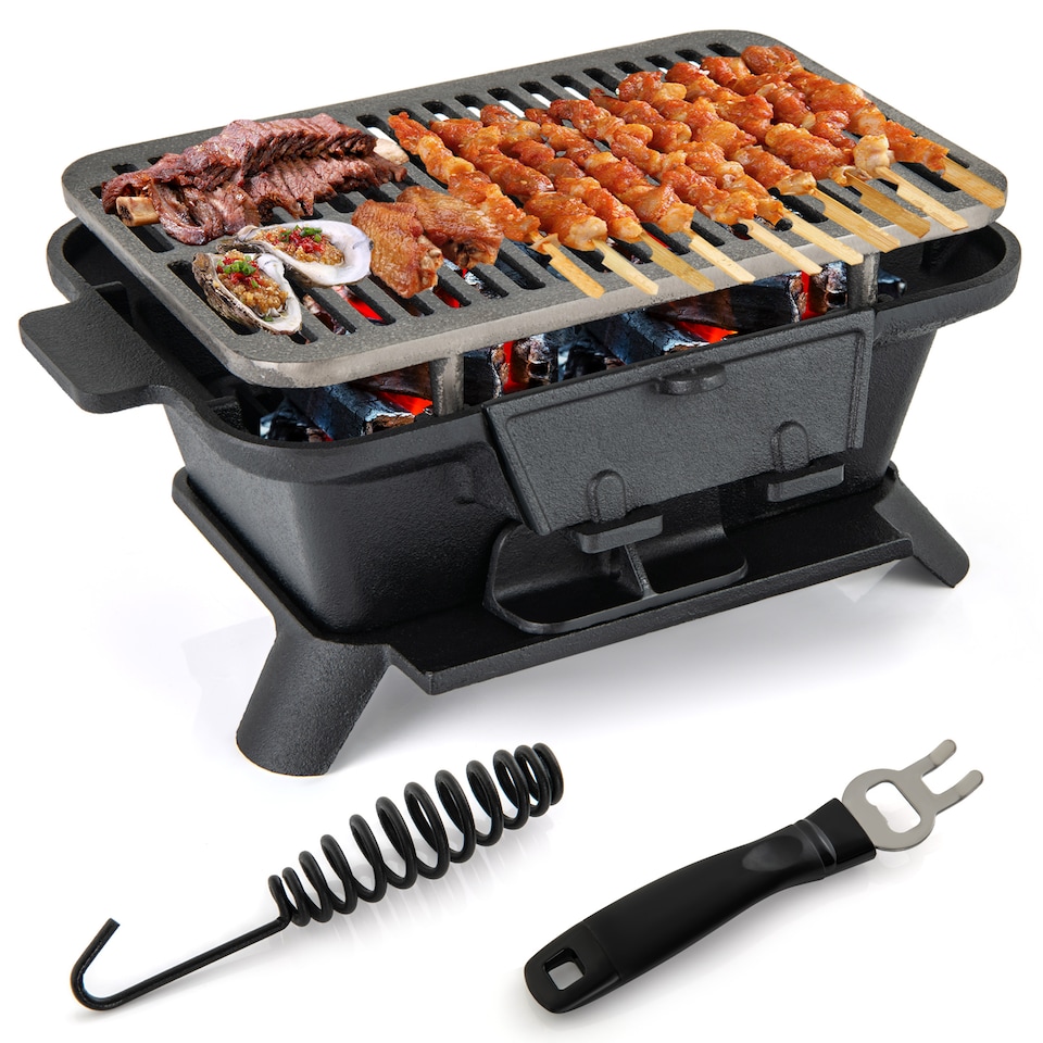 image 1 of COSTWAY 100% Cast Iron Hibachi Grill Portable Charcoal Grill