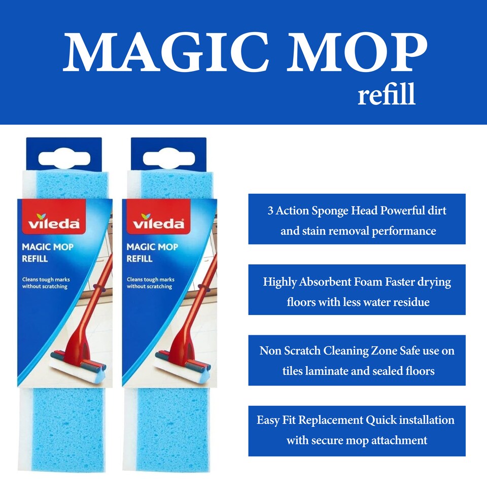image 1 of Vileda Magic Mop Refill 3 Action Sponge Head Absorbent Foam Non Scratch Cleaning Mop Head Replacement Easy Pack of 2