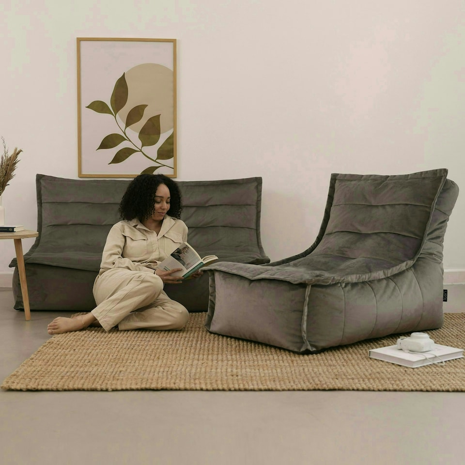 image 1 of icon Kota Velvet XL Bean Bag Sofa & Lounger Set Grey Bean Bag Chair Grey