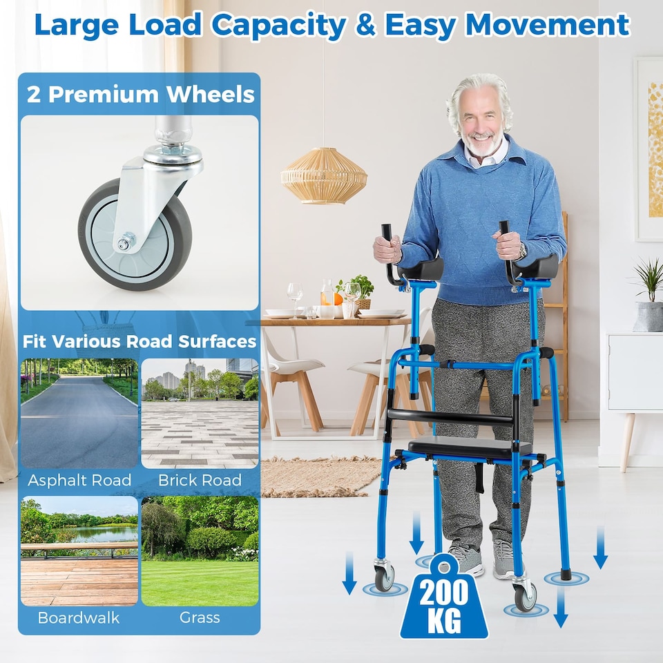 image 1 of COSTWAY Versatile Rolling Walker All Terrain Stand-Assist Walker-Navy