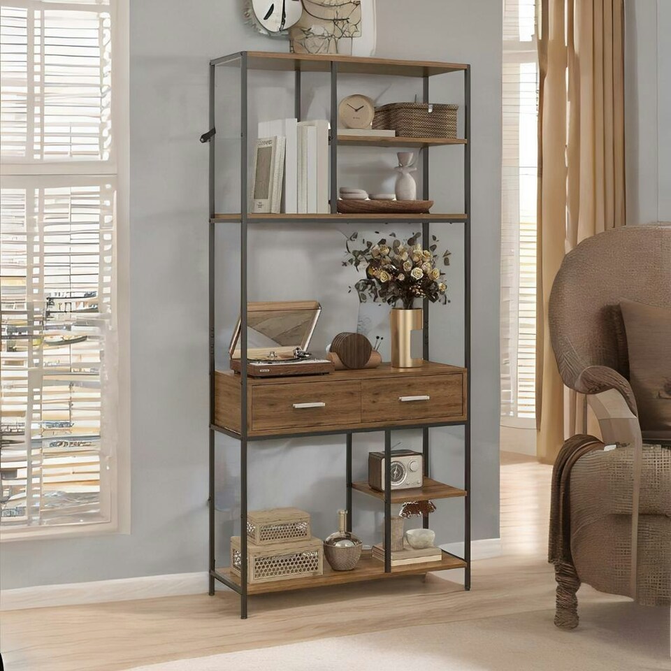 image 1 of Industrial Bookcase With 2 Large Drawers and Shelves Brown Brown | One Size